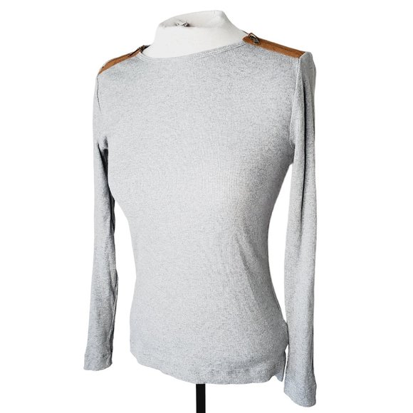 Lauren Ralph Lauren Top Ribbed Zip Shoulder Preppy Academia Cotton Grey XS - Picture 2 of 10